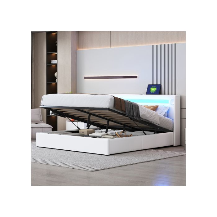 160x200 Lit Rembourré Avec Bandes LED, Lecteur Bluetooth Et Chargeur USB, Lit De Rangement En Cuir PU