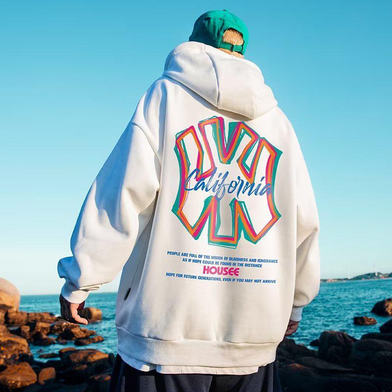 Men's Oversized Hooded Sweatshirt - Autumn/Winter High Street Style, Trendy Velvet-Lined Thick Jacket