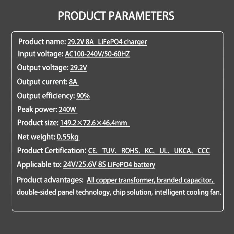 29.2V 8A 10A LiFePO4 Battery Charger For 8S 25.6V 24V LiFePO4 Battery Pack Fast Charger Equipped with XT60 XT90 plug