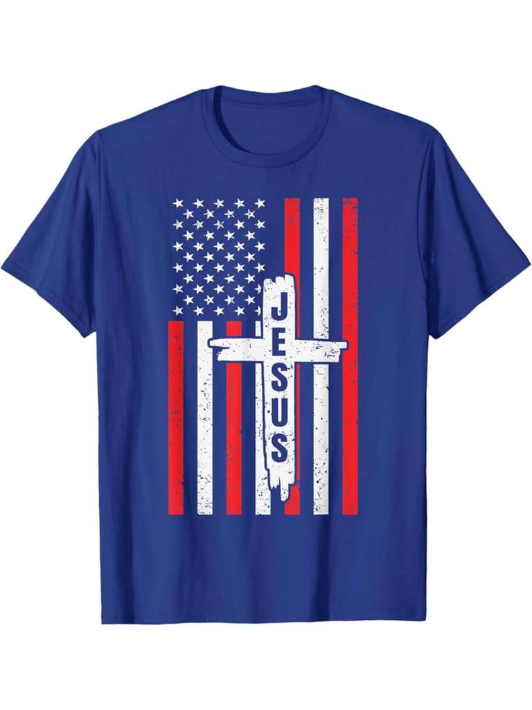 American Flag Jesus Christ FaithUSA Patriotic Design with Jesus Cross designcotton Oneck short sleeve printed mens Tshirt