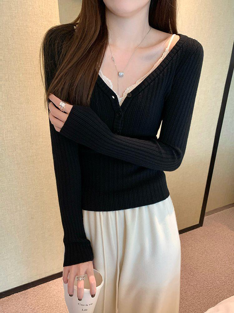 

Жіночий шикарний рубчастий топ, що моделює фігуру: В язаний светр з низьким вирізом для ключиць на весну/осінь. M чорний