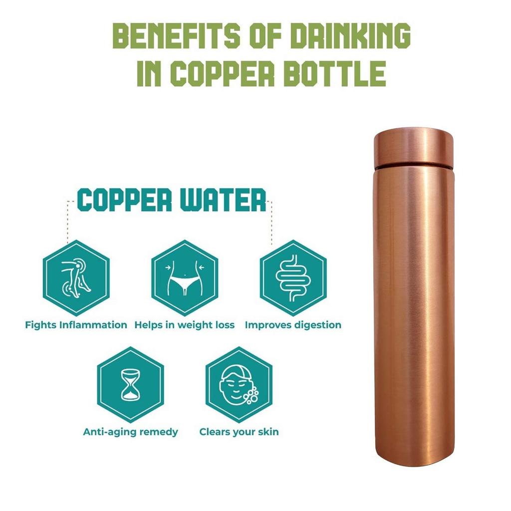 Kupfer-Wasserflasche mit fortschrittlichem Auslaufschutz, Ayurveda, Yoga Gesundheitsvorteile (500ml, 1 Stück) mit Lack beschichtet