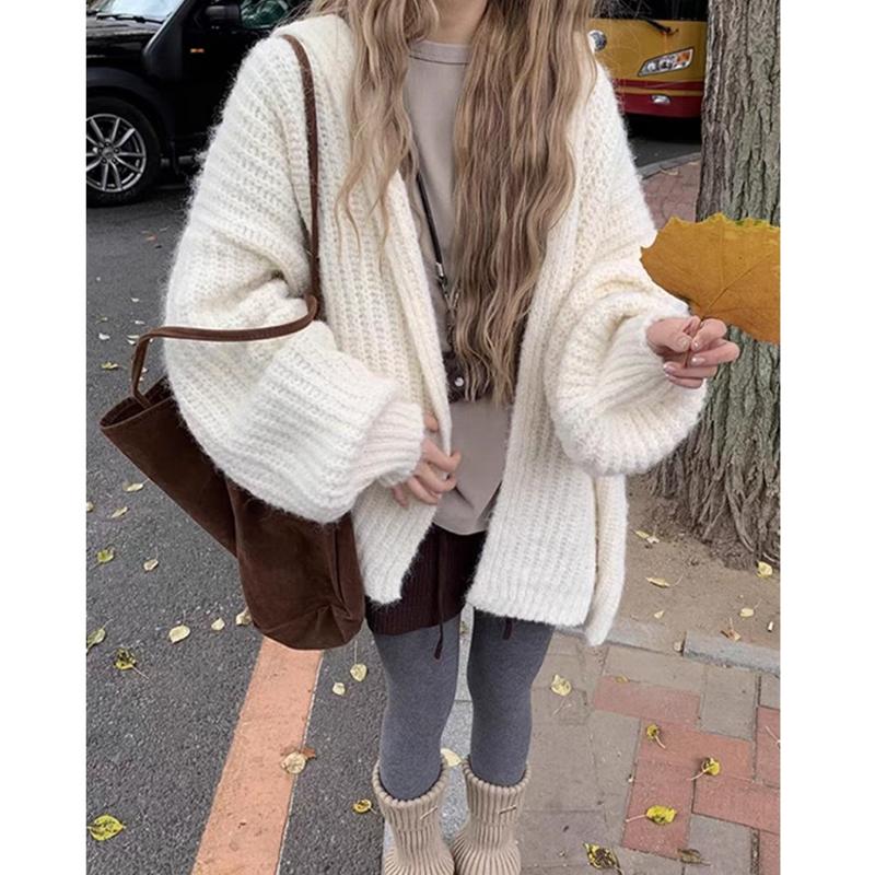 Fashion Loose Cardigan Knitted Hooded Women Sweater Solid Color Casual Coats Lantern Long Sleeves Office Large Knit Jacket Top Clothing