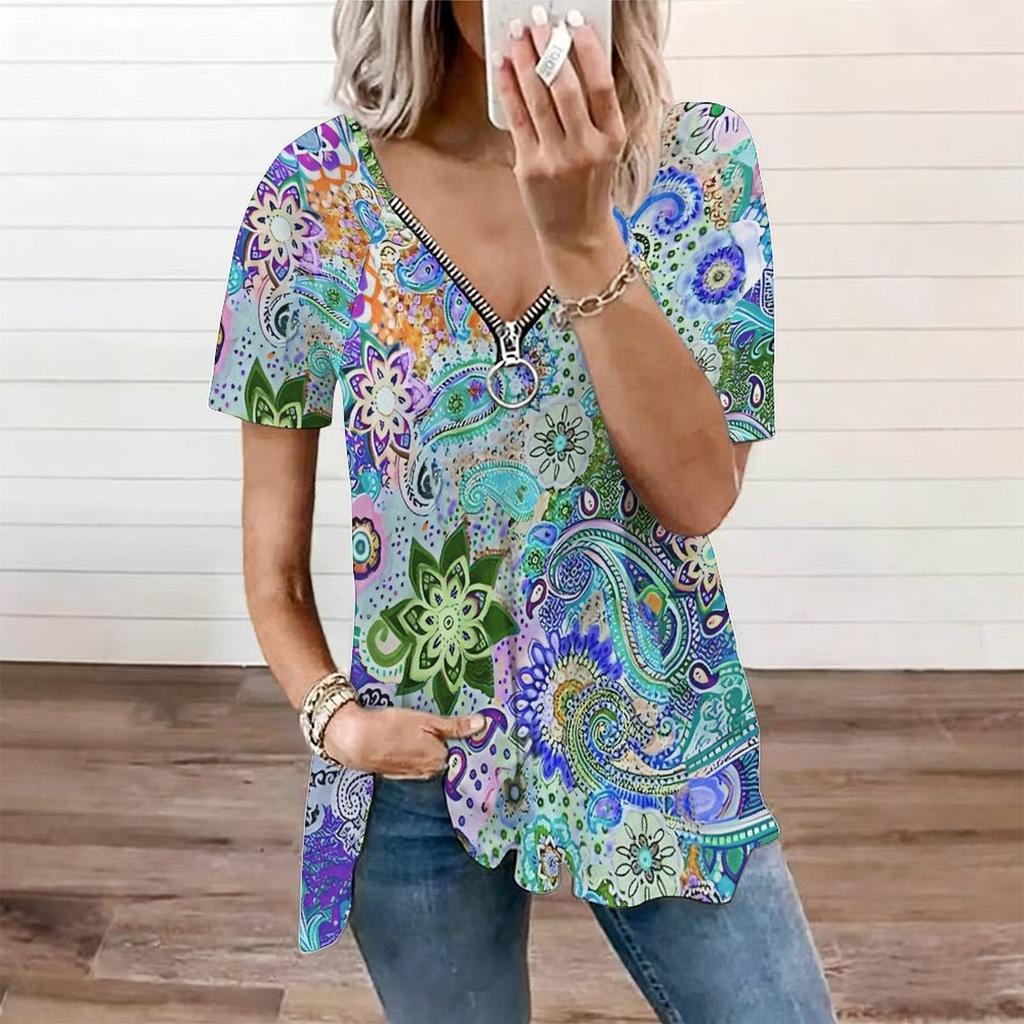 Women Square Neck Short Sleeve Blouse Watercolor Butterfly Floral Irregular Hem