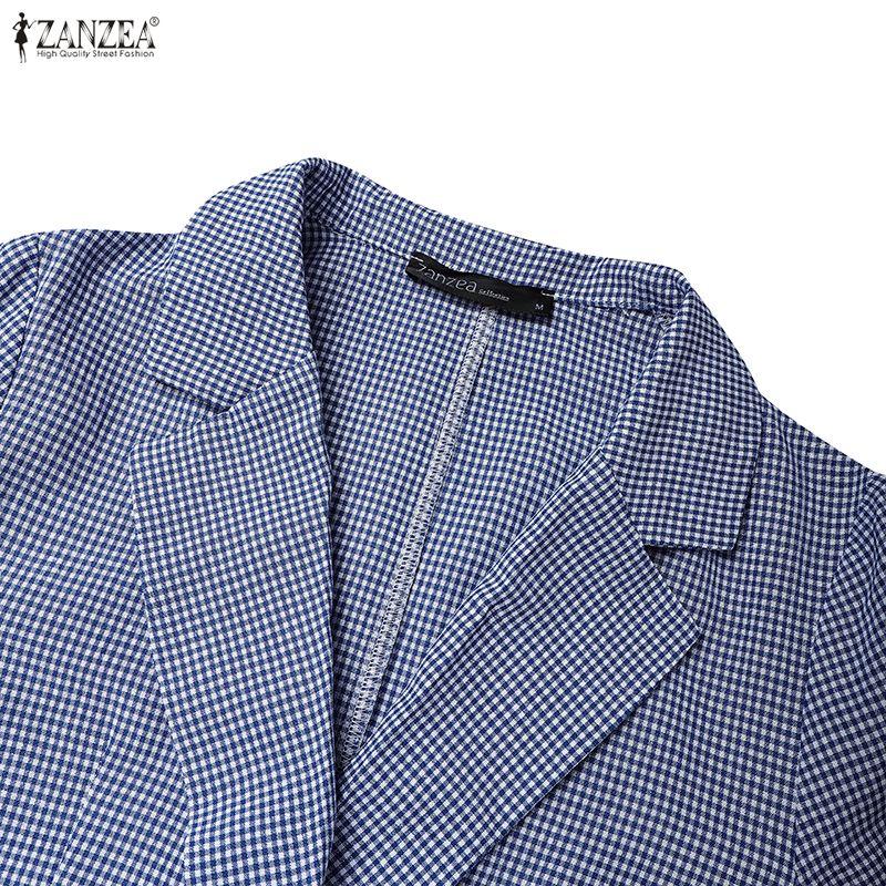 ZANZEA Women Casual Turn Down Collar Long Sleeve Plaid Print Thin Cardigan Blazer