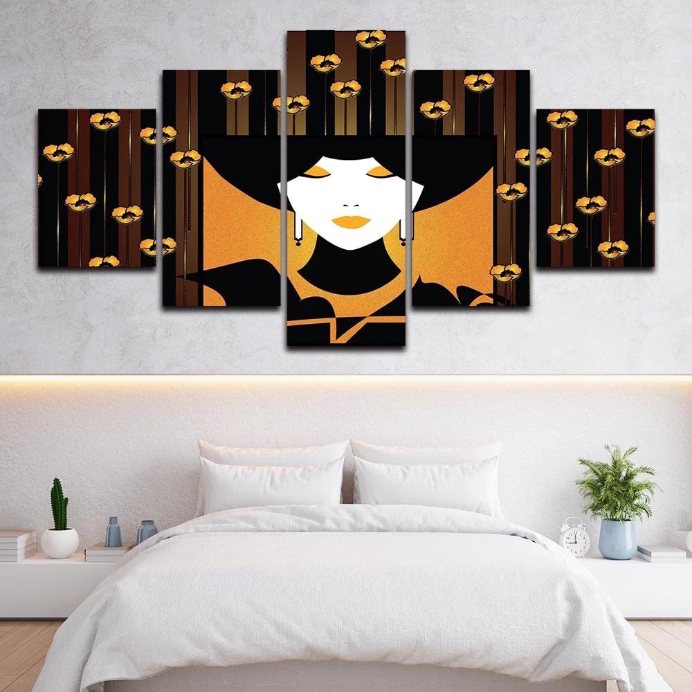 Contemporary Picture Frame Modular 5 Pieces Woman Face Abstract Art Poster Modern Wall Canvas Painting Prints Bedroom Home Decor