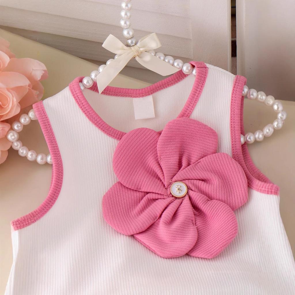 Children's Set Summer Girls' Suit with Sweet Flowers, Sleeveless Top and Short Skirt