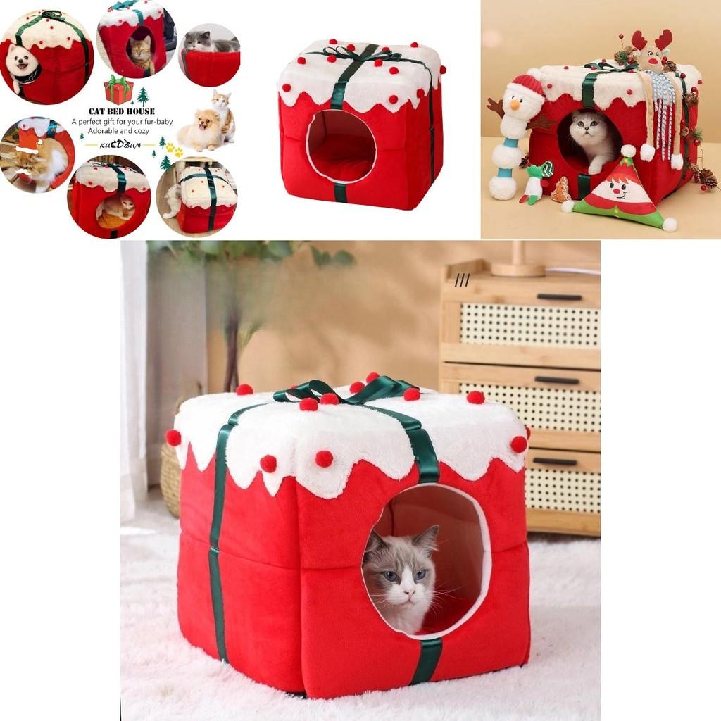 Plush Square Christmas Cat House Ideal For Winter Warmth And Comfort For Your Feline Friend