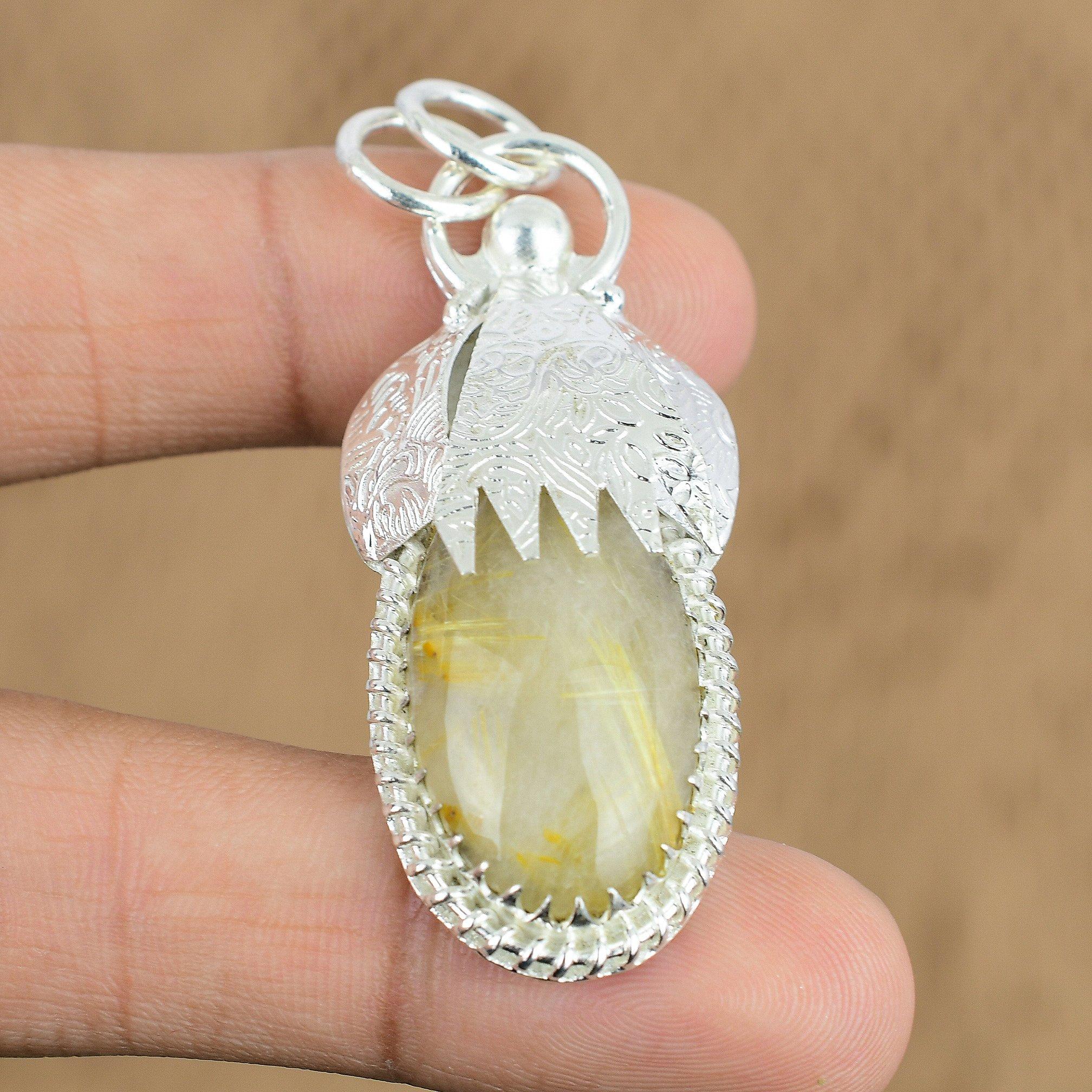 

Oval Golden Rutile Gemstone Wife Anniversary Wedding Pendant 925 Sterling Silver