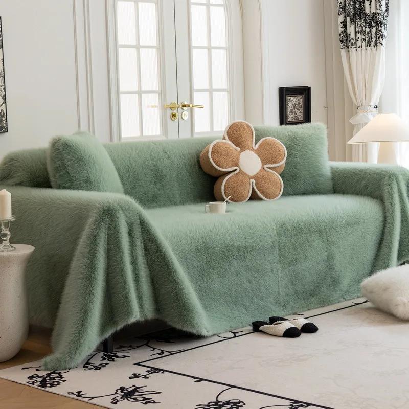 AIWINSURE-Luxury Faux Mink Fur Sofa Towel Blanket, Thick Plush Couch Slip Cover, Universal Recliner Furniture Protector, 4 Seats
