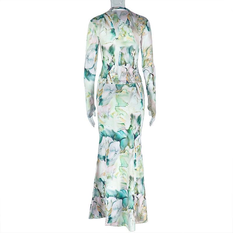 European Cross-Border Print Slim-Fit Skirt Suit: Mesh Long Skirt & High Neck Top - Trendy Casual Commuter Women's Two-Piece