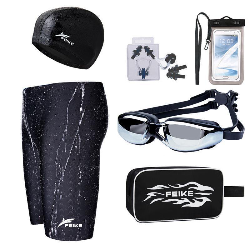 Men’s Quick-Drying Waterproof Swim Trunks with Shark Skin Cap & Goggles Set