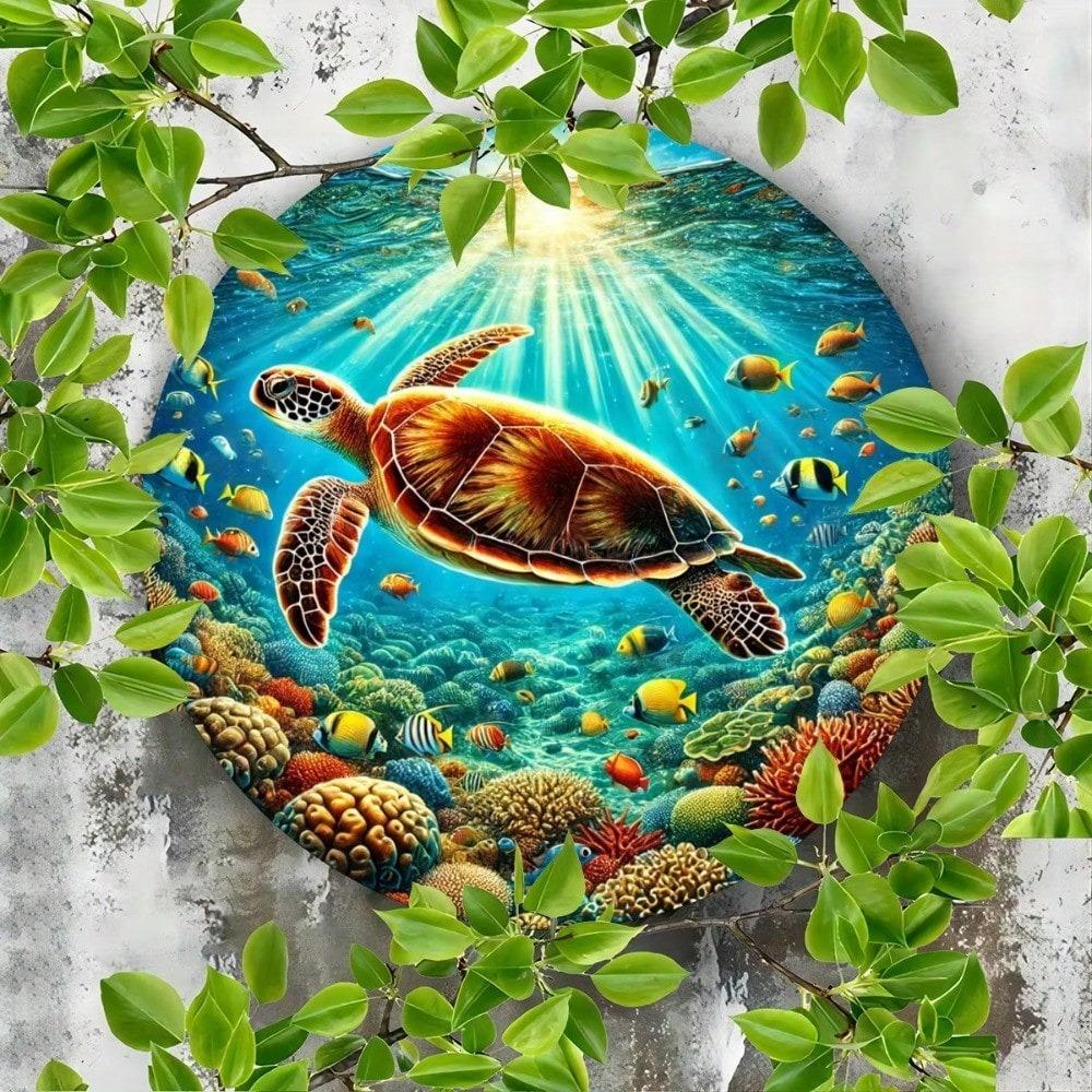 Modern Sea Turtle Metal Wall Art Rustic Ocean Decor Round Metal Sign Home Office
