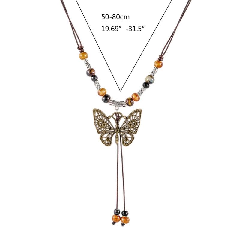 Vintage Wax Rope Handmade Ceramics Beads Butterfly Pendant Necklace For Lovers Women Sweater Chain Aesthetic Jewelry