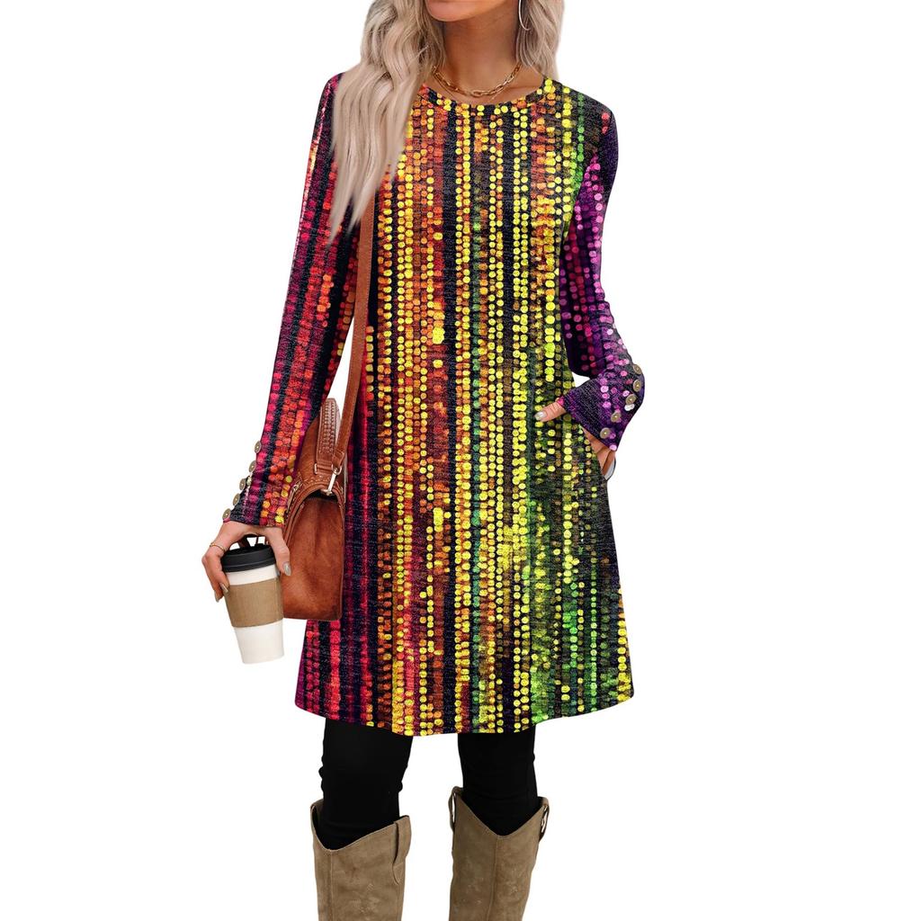 Modisches Damen-Kleid mit Rundhalsausschnitt, langen Ärmeln, Print, Tasche und Knöpfen, Freizeit