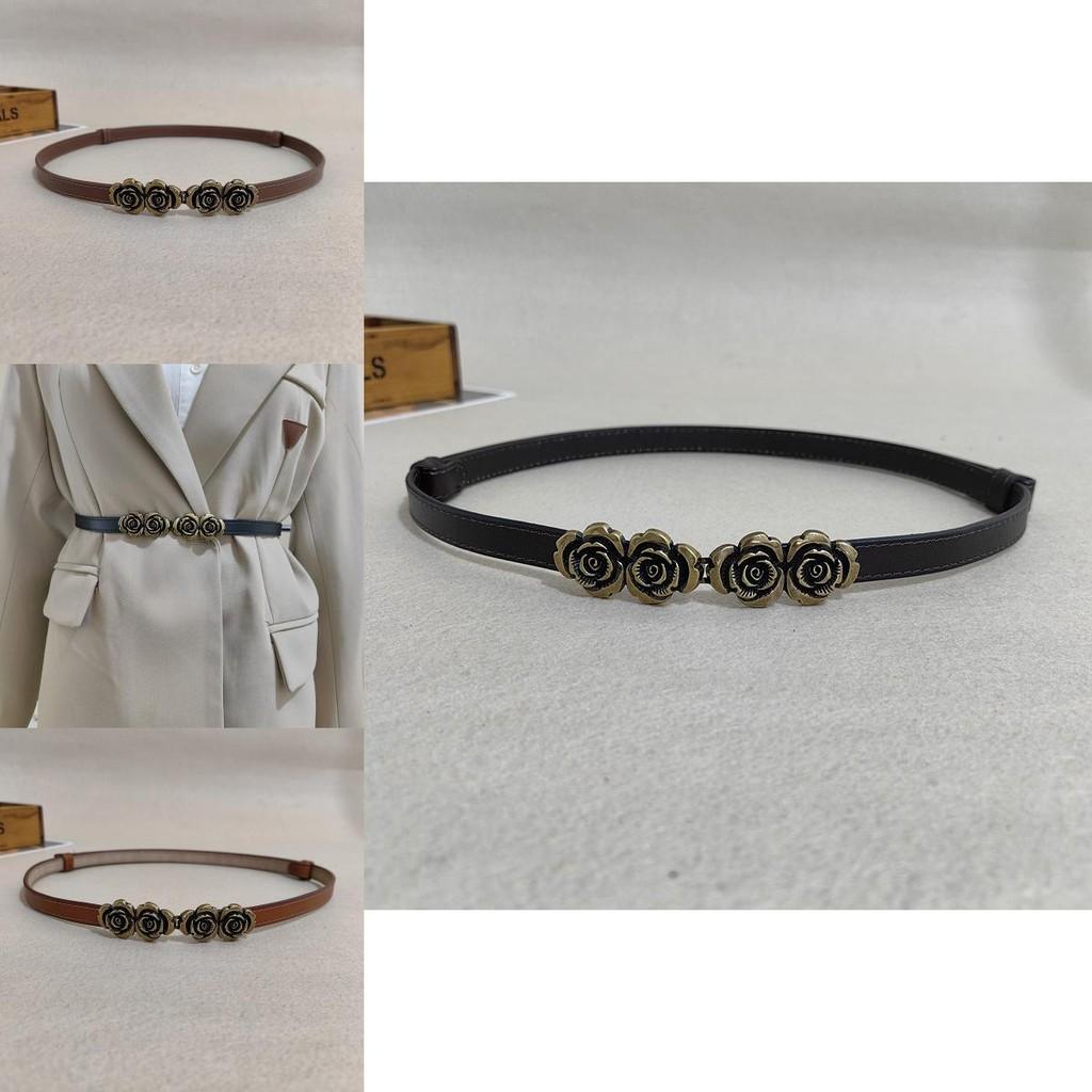 Slim Leather Waist Band With Retro Rose Design And Alloy Closure For Dresses And Work Outfits