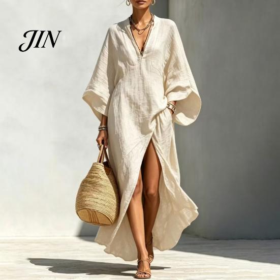 Breathable Casual Dress Women's Cotton Linen Maxi Dress, V Neck Batwing Sleeve Comfortable Daily Wear High Split Loose Beach Sundress with Pockets