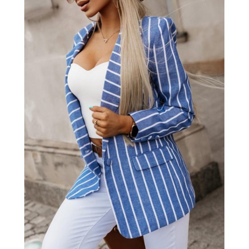 2023 European & American Striped Print Long Sleeve Small Suit Collar Women's Jacket