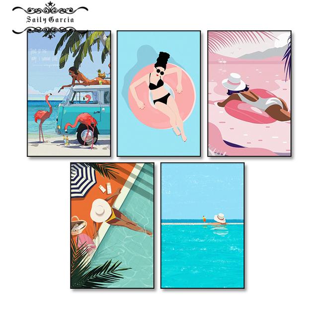 Cartoon Swimming Pool Summer Seaside Vacation Illustration Canvas Painting Wall Art Poster Print Picture Living Room Home Decor