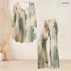 Women Plus Size V Neck Three Quarter Sleeve Printed Flared Top Flared Pants Two Piece Set