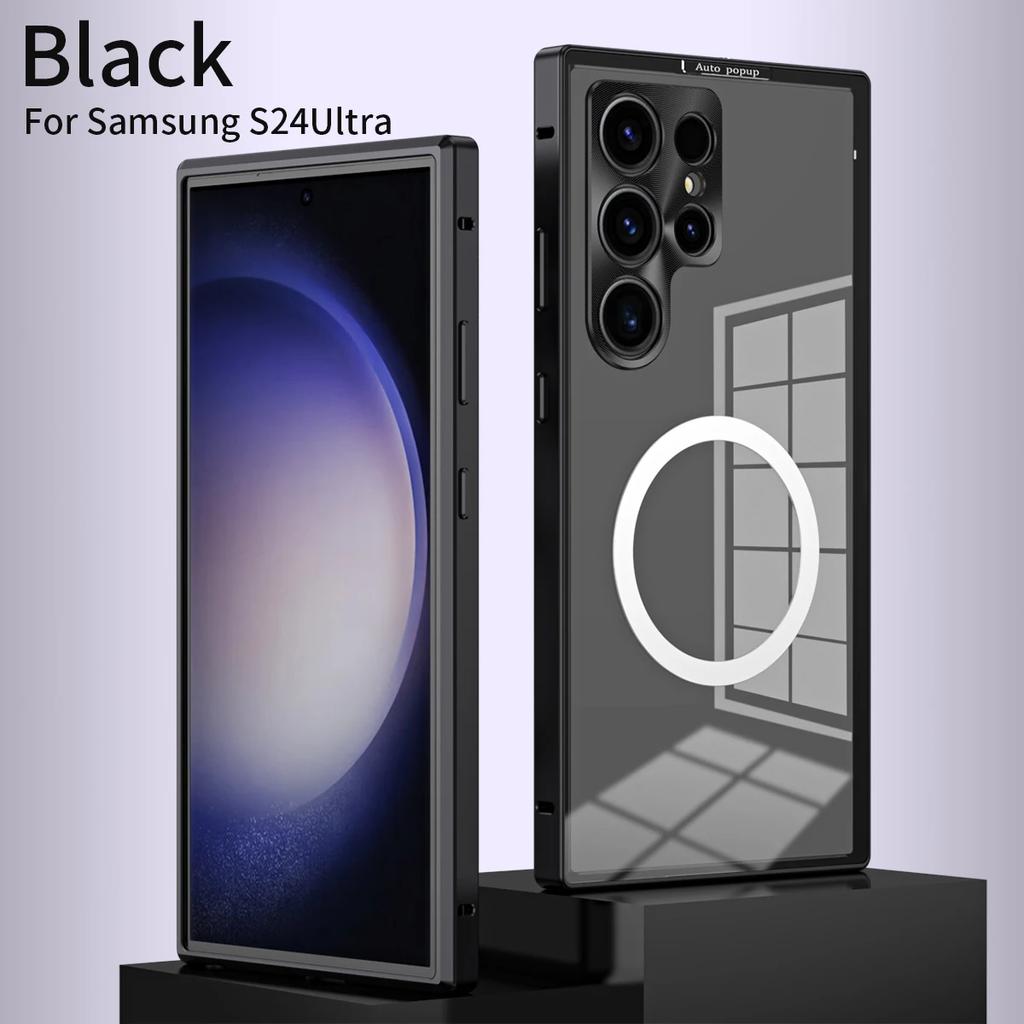 Transparent Case for Samsung Galaxy S24 Plus Ultra Magnet Pop-up Back Panel for Magsafe Wireless Charging Luxury S24Ultra Cover