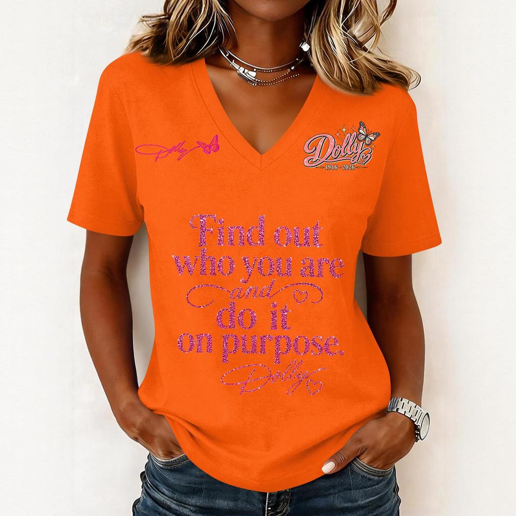 Women's Fashion Casual Letter Print V-Neck Short Sleeve Pullover Top