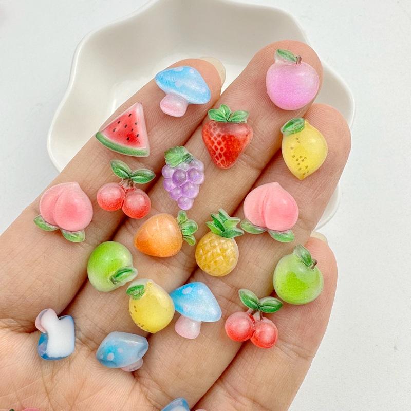 50Pcs New Cute Resin Mini Strawberry, Cherry, Mushroom Series Flat Back Manicure Parts Embellishments For Hair Bows Accessories