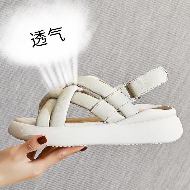 

Первый слой сандалий из овчины для верхней женской одежды лето 2025 новые женские сандалии на платформе повседневные кожаные женские туфли на липучках 35 бежевый