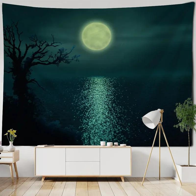 Water Moon Night Scene Pattern Tapestry Home Wall Decoration Tapestry Bedroom Living Room Tapestry