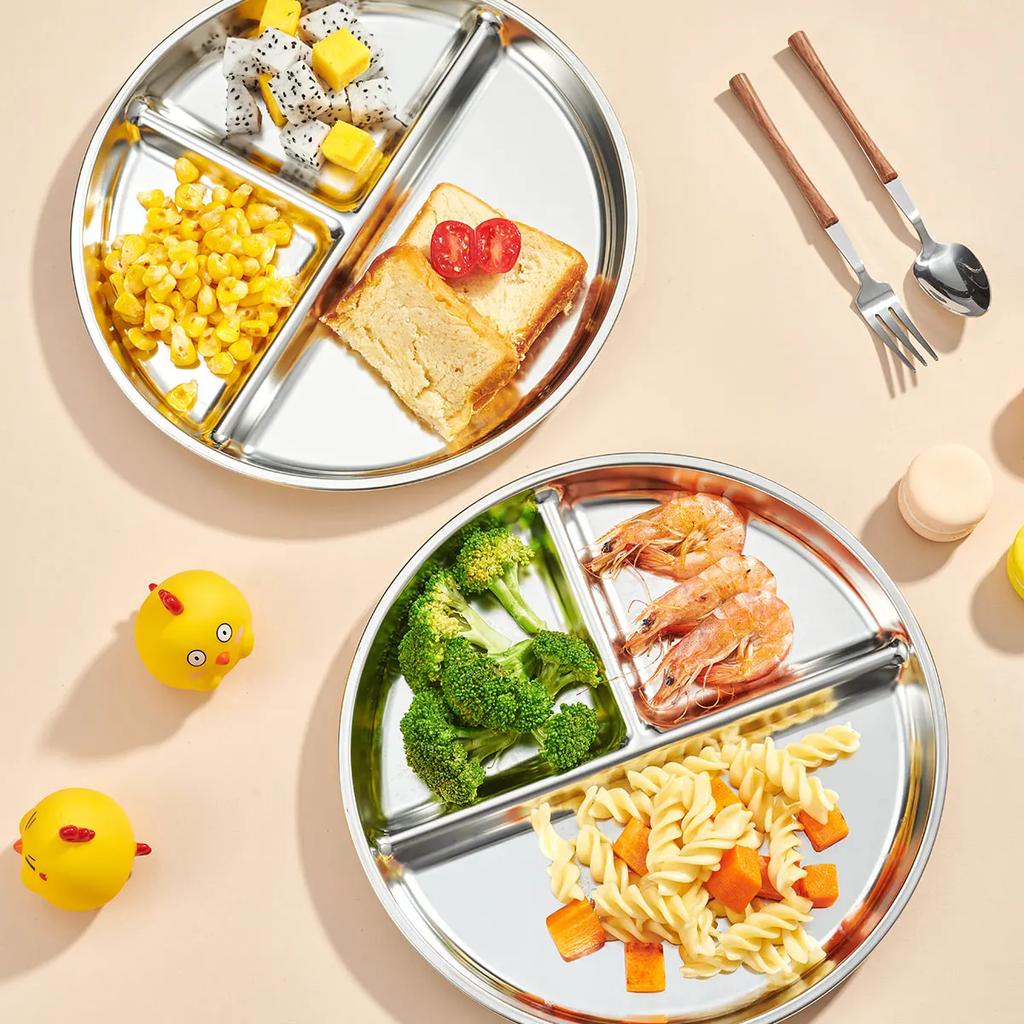 WORTHBUY Round Dinner Plate With Compartments 304 Stainless Steel Divided Dinner Dish Fruit Salad Food Plates Kitchen Tableware