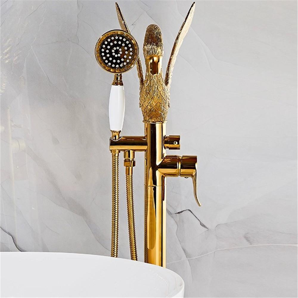 Articstic Creative Gold Swan Bathroom Bathtub Faucet with Handheld Shower Free Standing Brass BathTub Mixer Taps Floor Mounted