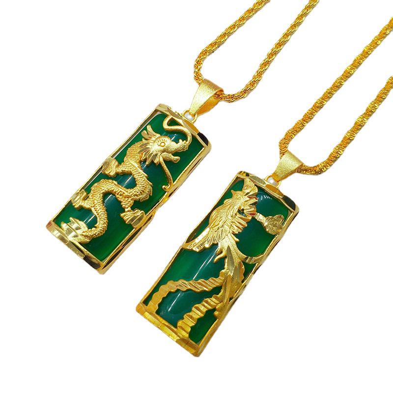 Vietnamese Sand Gold Gemstone Dragon & Phoenix Brass Pendant