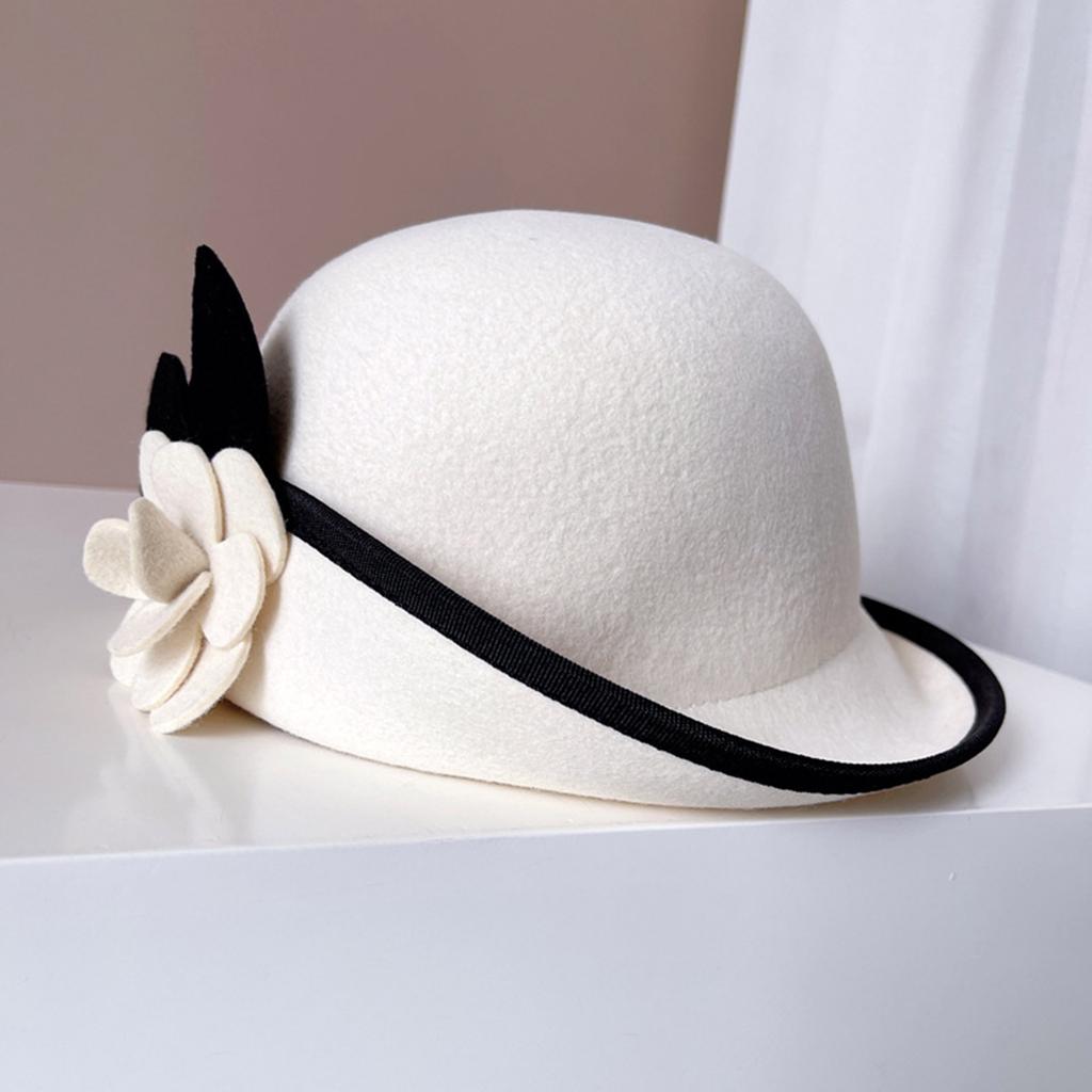 Vintage Fedoras Hat for Women Theme Party Caps with Roll Brim Flower Wool Bowler Hat for Halloween Party Cosplay Accessory