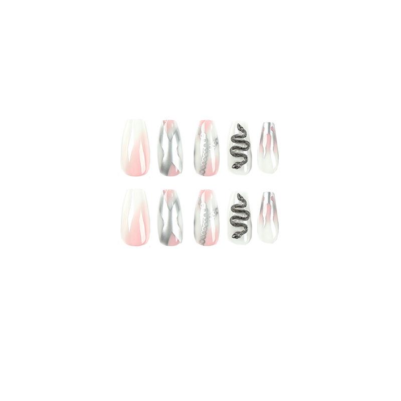 Pink Marble Silver Flame 3D Snake Rhinestone Press-On Nails