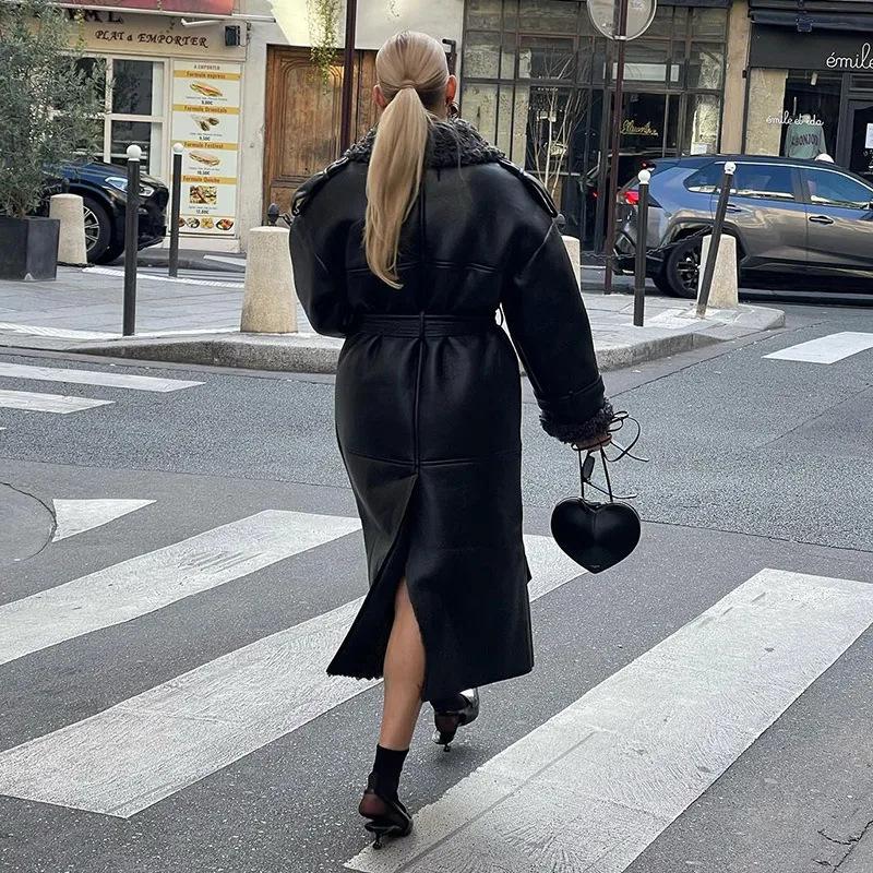 Women's Warm Thick Lapel Leather Jacket Winter Lamb Wool Long Sleeve Pocket Overcoat Single-breasted Street Trench Coats with Belt