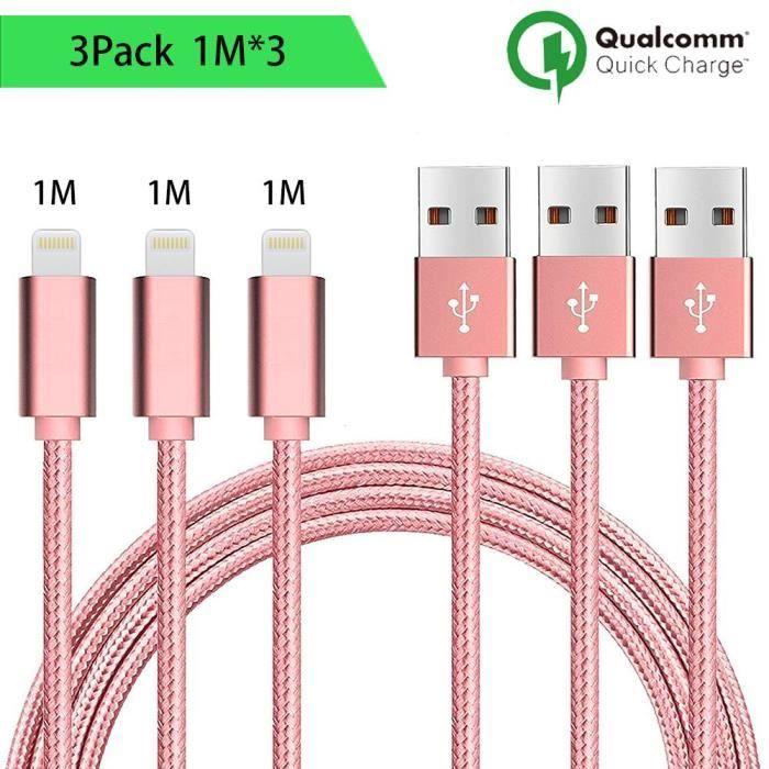 Câble pour iphone - non spécifié - lot de 3 - 1m - nylon - rose