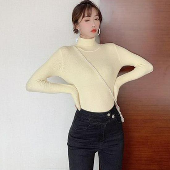 

Women s Classic High-Neck Knit Sweater - Solid Color, Long Sleeve, Versatile Base Layer One Size