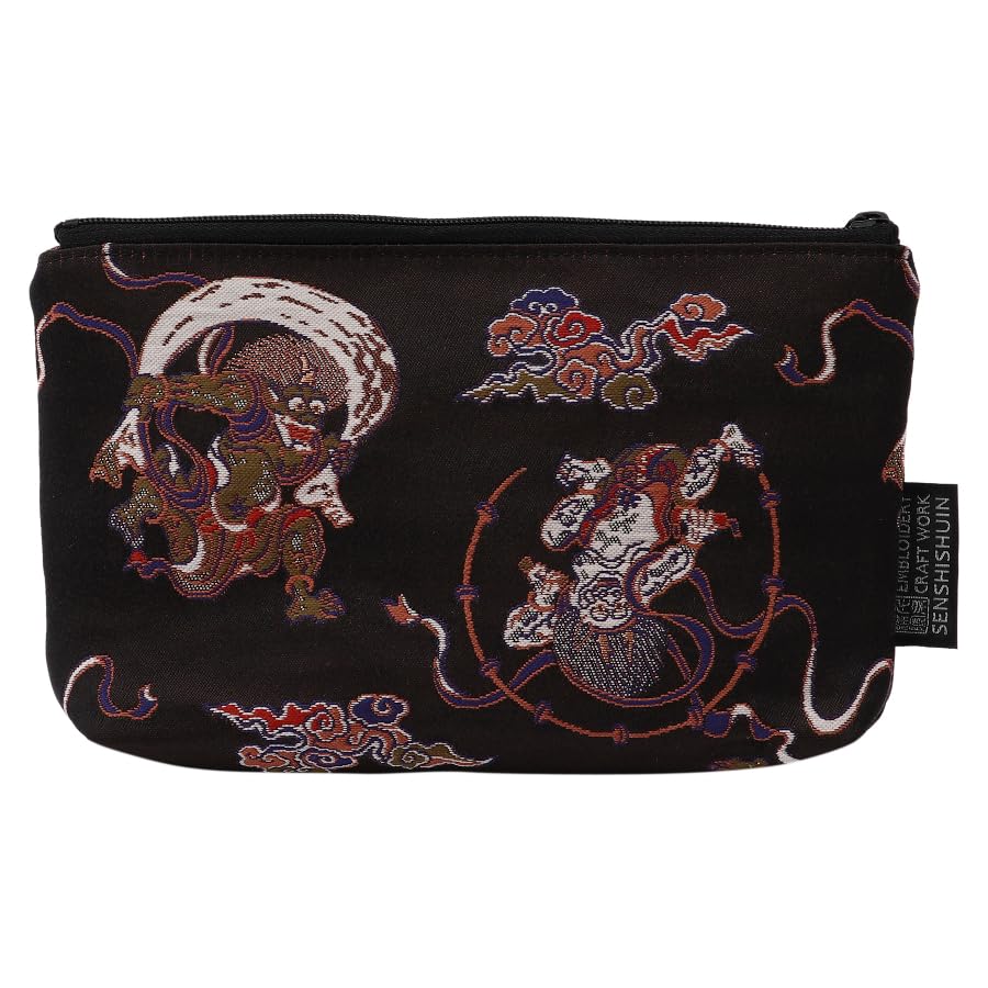 Senshishuin Nishijin Brocade Pouch Jet Black Wind and Thunder God Design (Lined) (Small)