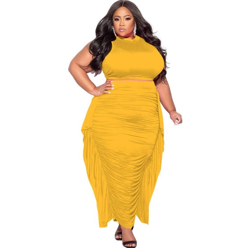 Plus Size Women's Sleeveless Crop Top & Ruched Maxi Skirt Set Sexy Two Piece Outfit
