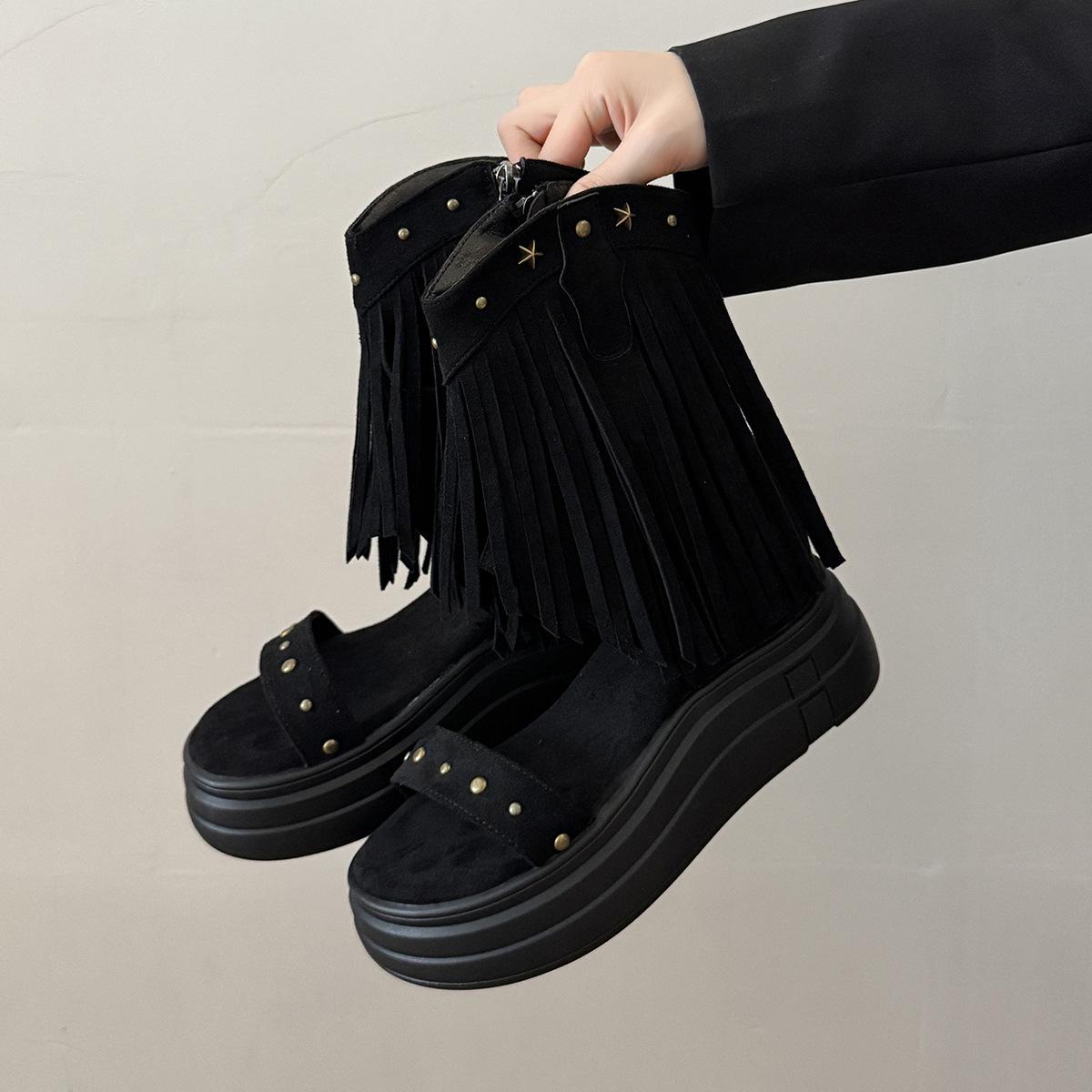 

Bohemian platform Roman sandals women s summer 2025 new French rivets tassel inner heightening short cool boots 35 чорний