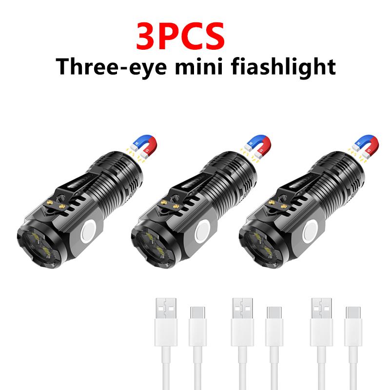 3LED Super Bright Flashlight Portable Mini Burst Flash Torch Rechargeable Outdoor Emergency Spotlight with Pen Clip Tail Magnet