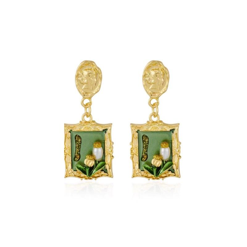 Luxus-Retro Grüne Ölmalerei Vintage Blumige Ohrstecker, Hofstil Ohrschmuck mit Perlen-Accessoires