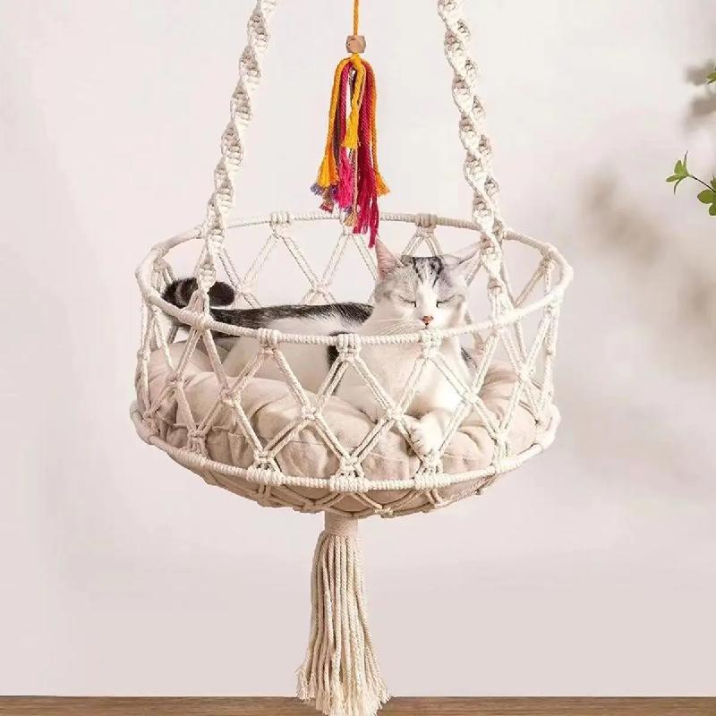 Handmade Crochet Cat Hammock Bohemian Hanging Bed Cozy Indoor Pet Nest for Kittens Comes with Mat