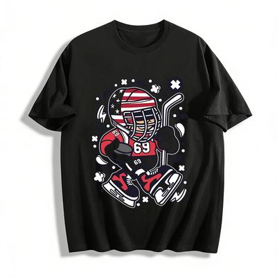 Retro No.69 Hockey Cartoon Print Casual Sports T-shirt Pure Cotton T-shirt