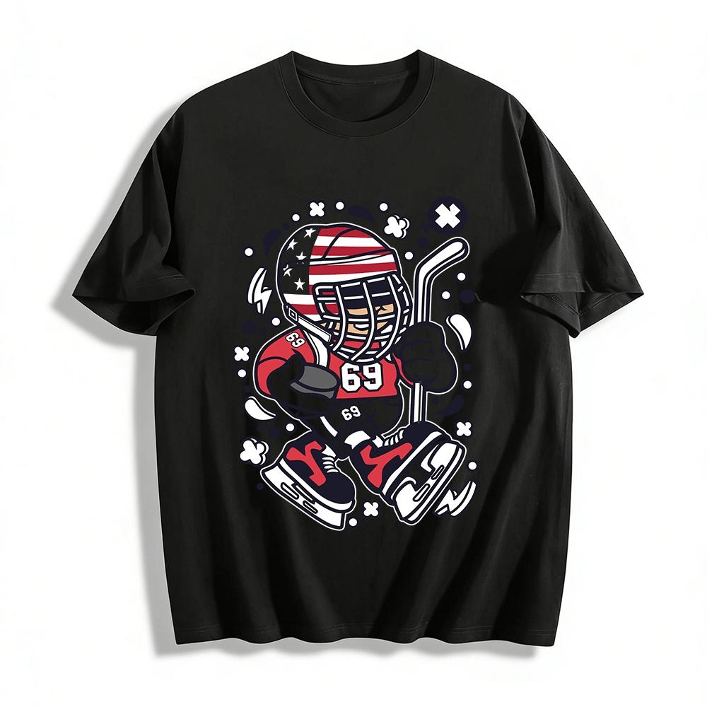 

Retro No.69 Hockey Cartoon Print Casual Sports T-shirt Pure cotton T-shirt XXS