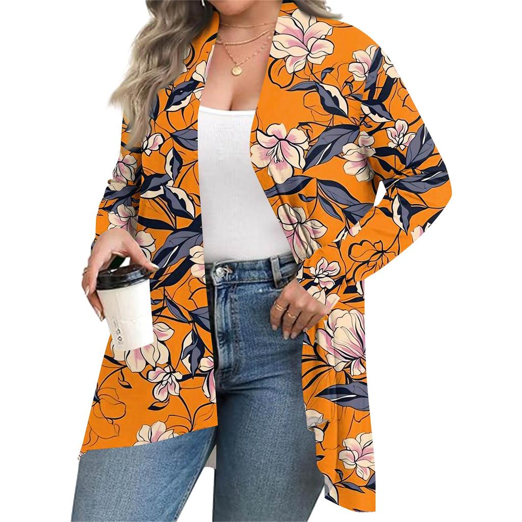 Women's Fall And Winter Fashion Casual Print Long Sleeve Mid-Length Cardigan Jacket