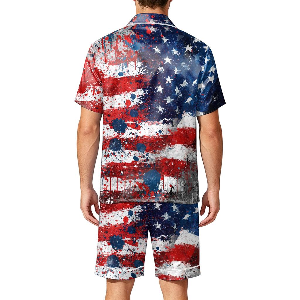 Men's Satin Short Sleeve Pajama Set Two Piece Soft Lightweight Sleepwear with Shorts and Pockets Button Down Top Lounge Suit