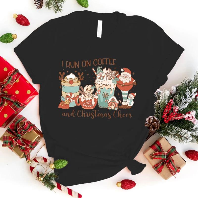 Новая футболка с надписью I Run On Coffee и рождественским принтом Cheer Letter Print женская модная повседневная летняя крутая рубашка унисекс I Run On Coffee top M чёрный
