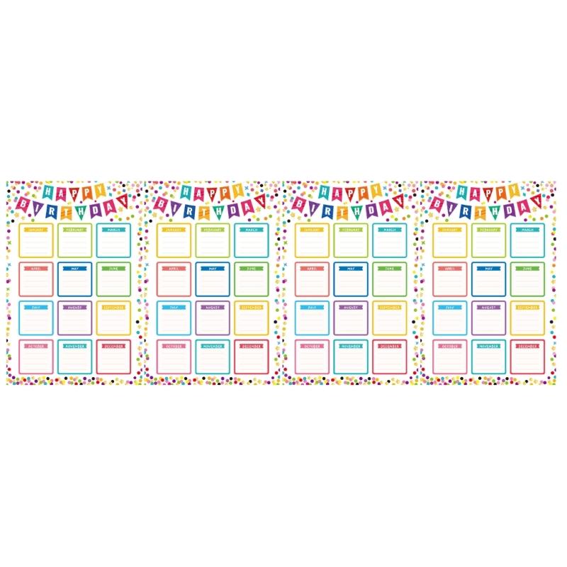 Teacher Birthday Board Poster Set, 4 Paper Classroom Charts with Monthly Name Sections for School Display and Daycare Use