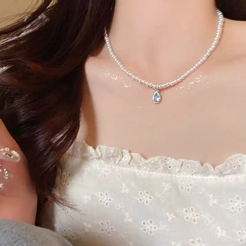 Light Luxury Niche Design Temperament Blue Full of Diamonds and Water Droplets Pearl Collarbone Chain Female Sweet Simple Versatile Neck Chain
